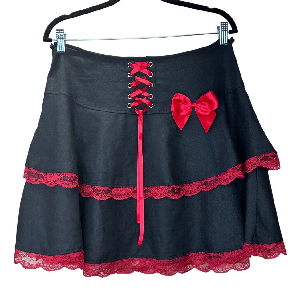 Social Collision Black Red Lace Trim Ruffle‎ Skirt Gothic Punk Lolita Size L